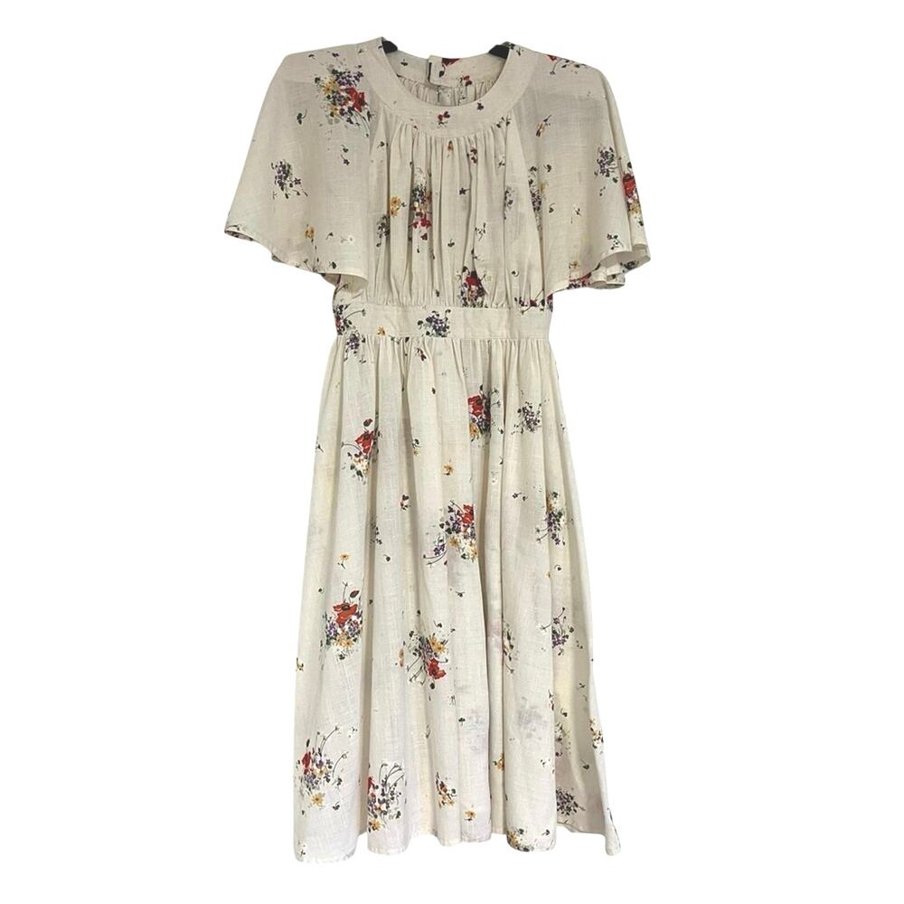 Handmade Cream Floral Poppy Cape Sleeve Dress Pockets Est XS Small 70s 80s